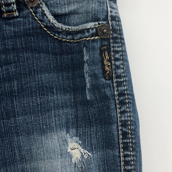 Silver Jeans Womens 27 Twisted Bootcut Distressed Denim Whiskered Blue - Picture 4 of 16